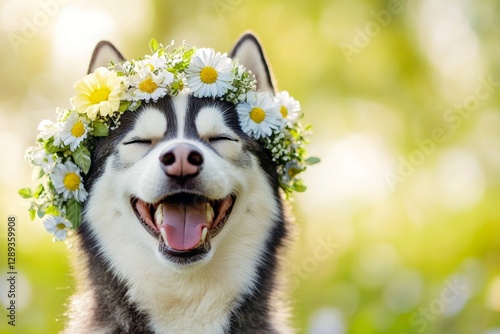 Sunny daylight. Cute baby dog siberian husky wearing free flower circlet on its head. Summertime happiness. Cute puppy in a blooming field. Puppyâ€™s playful summer moment. Happy little puppy.