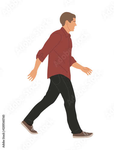 Young man walking. Handsome stylish guy in street fashion modern clothes side view. Cartoon male character Vector realistic illustration isolated