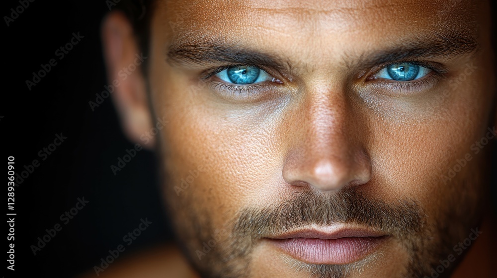 The subject showcases captivating blue eyes and a defined jawline, conveying intensity and depth. The lighting enhances facial features, creating a dramatic effect The subject showcases captivating blue eyes and a defined jawline, conveying intensity and depth. The lighting enhances facial features, creating a dramatic effect
