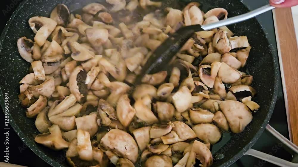 Frying Fresh Mushrooms in Skillet With Stirring Tool Over Medium Heat in Modern Kitchen Setting During Dinner Preparation. Unrecognizable woman stirs champignons with handy practical spatula in pan Frying Fresh Mushrooms in Skillet With Stirring Tool Over Medium Heat in Modern Kitchen Setting During Dinner Preparation. Unrecognizable woman stirs champignons with handy practical spatula in pan