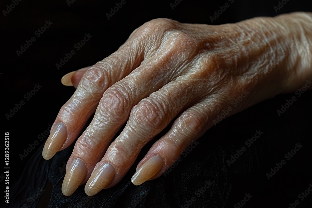 Fototapeta premium Wrinkled hand of elderly woman with long fingernails resting on a black background