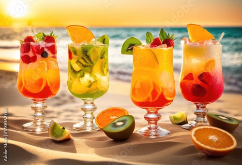 vibrant iced cocktails bright colors lively summer setting fresh fruits garnishes, beverage, drink, lime, colorful, refreshment, tropical, berry, peach
