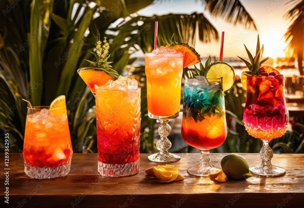Fototapeta premium captivating display vibrant iced cocktails formed colorful glassware highlighting lively hues refreshing ingredients, beverage, refreshment, drink, fruit