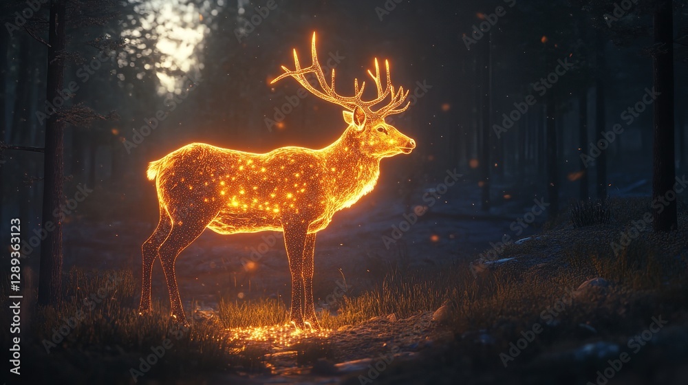 A deer is standing in a forest with glowing antlers with golden colour A deer is standing in a forest with glowing antlers with golden colour
