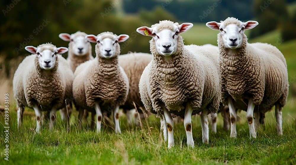 Fototapeta premium Flock of sheep on green grass grazing in the hills