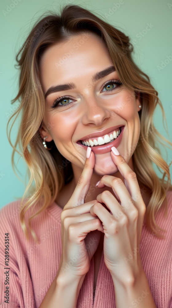 Portrait of a young woman with blonde wavy hair and bright eyes, smiling confidently as she points to her white smile. Smiling woman pointing at her smile in front of a pastel-colored background. Portrait of a young woman with blonde wavy hair and bright eyes, smiling confidently as she points to her white smile. Smiling woman pointing at her smile in front of a pastel-colored background.
