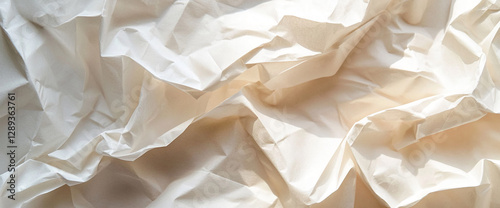 Close-up view of crumpled white paper with soft natural lighting highlighting the texture, representing abstract paper art or environmental themes with a minimalist style. photo