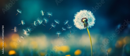 A vibrant dandelion sways in the breeze, its seeds freely floating away, set against a dreamy backdrop of soft blues and greens.