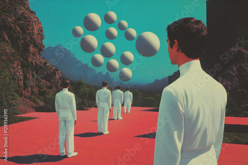 Futuristic scene with figures in white, hovering spheres, and dramatic landscape.