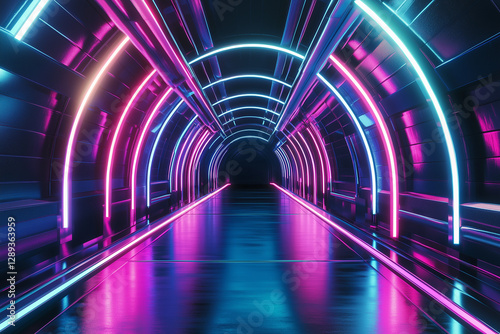 Vibrant, neon-lit hallway with a sleek and reflective floor. A high-tech cyberpunk tunnel with a futuristic glow
