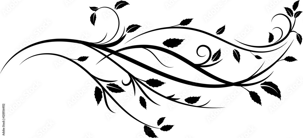 Decorative Swirls and Leaves Branch Black silhouette 