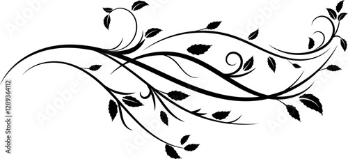 Decorative Swirls and Leaves Branch Black silhouette 