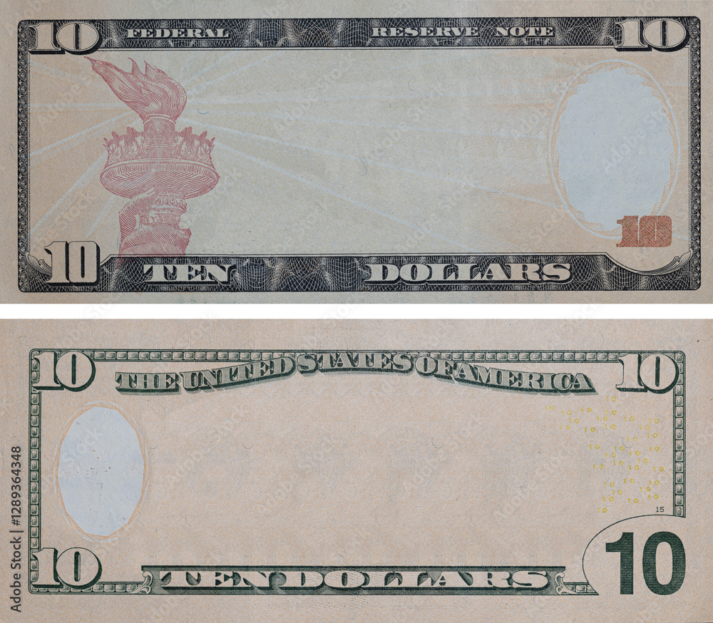 10 dollar bill with empty middle area