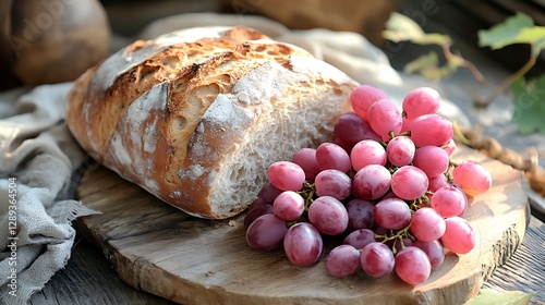 form of homemade bread with a bunch of pink grapes excellent paired for a frugal meal on a table