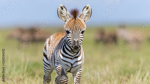 Baby zebra foal runs toward camera, African savanna background, wildlife photography
