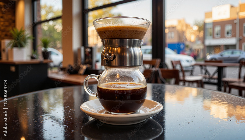 Coffee brewing in a glass brewer on a cafe table