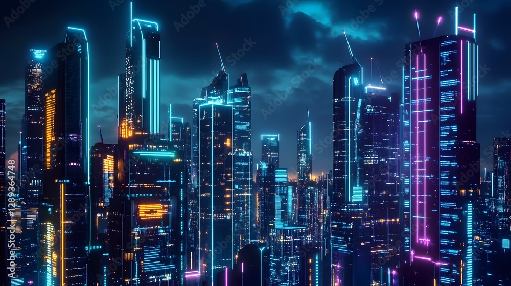 Fototapeta premium Futuristic Cityscape with AI Driven Businesses and Vibrant Illumination