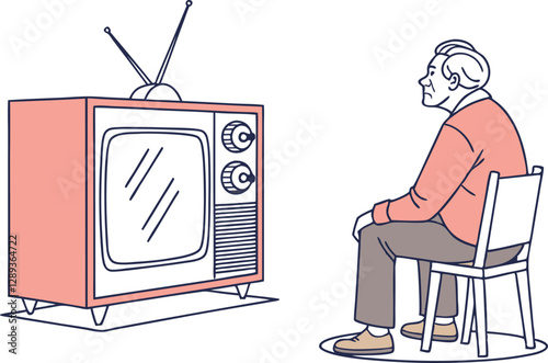 Vector Illustration of Senior Man Relaxing with Classic TV Show