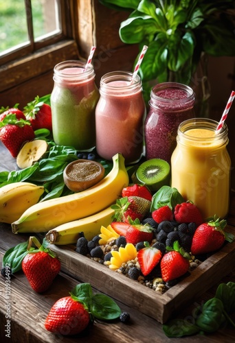 Wallpaper Mural colorful arrangement vibrant smoothie ingredients fresh toppings healthy delight, blueberries, strawberries, bananas, mango, spinach, kale, oranges Torontodigital.ca