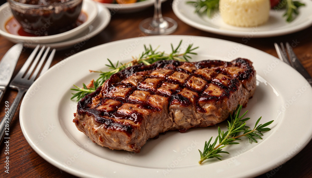 Grilled steak with rosemary on white plate Grilled steak with rosemary on white plate