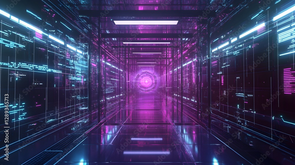 Fototapeta premium Futuristic Cyber Tunnel Neon Lit Architectural Passage in Sci Fi Dimension