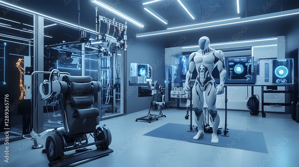 Fototapeta premium Futuristic Cybernetic Enhancement Lab with Advanced AI Powered Machinery and Digital Interfaces