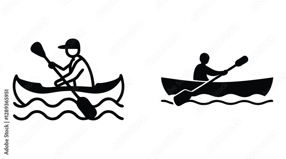 Naklejka premium Canoeing Silhouette Icon Set - Outdoor Water Adventure Vector Illustration