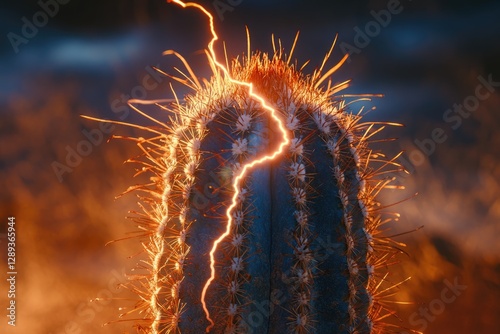 A lightning bolt strikes a majestic cactus during a vibrant sunset, creating a surreal and dramatic scene. photo