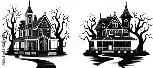Haunted House Silhouettes, Spooky Gothic Mansion Halloween Vector Art. 