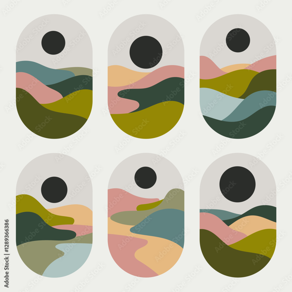 Fototapeta premium A set of abstract geometric landscapes featuring curved and layered elements. Ideal for modern art prints, posters, and creative backgrounds.
