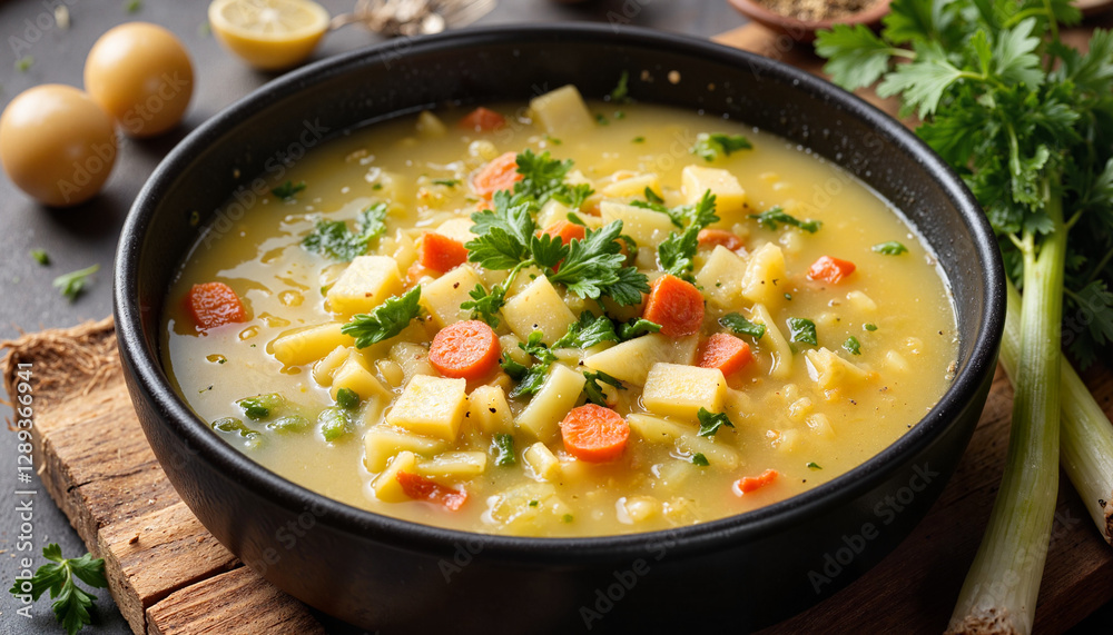 Delicious soup with vegetables in a black bowl on wooden board Delicious soup with vegetables in a black bowl on wooden board
