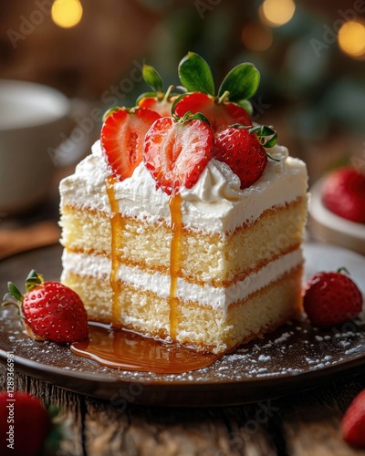 Decadent tres leches cake slice with whipped cream and strawberries in inviting cafe setting
