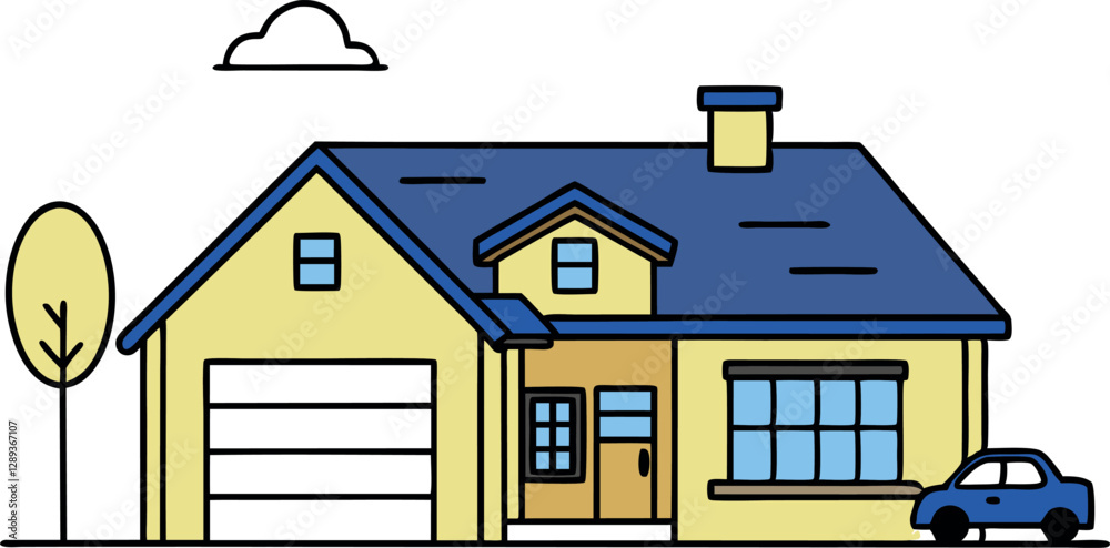 Single-Family Home Design with Garage – Vector Illustration for Graphics Single-Family Home Design with Garage – Vector Illustration for Graphics