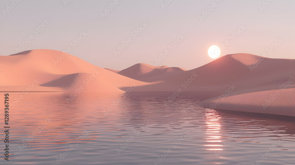 Serene desert sunset reflecting on calm lake water Serene desert sunset reflecting on calm lake water