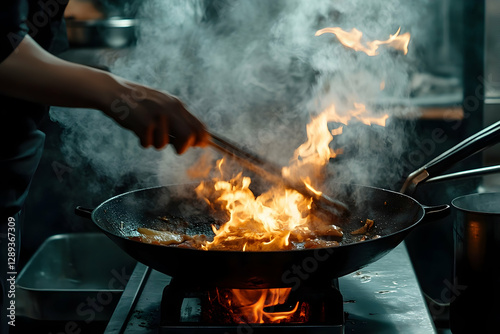 Professional chef intensely cooking with flames in a wok station in restaurant kitchen, culinary masterpiece, epicurean delight