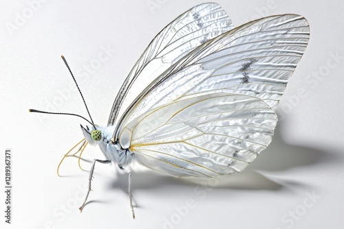 Delicate white butterfly resting on a soft surface with translucent wings against a clean background