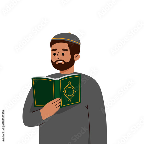 Muslim man praying and read Koran. Eid al-Adha celebration. Traditional Muslim holiday. Ramadan Mubarak celebration. studying islam and commandments of prophet muhammad from book.