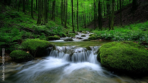 Clear water cascades over mossy rocks in a vibrant green forest, forming a serene natural scene