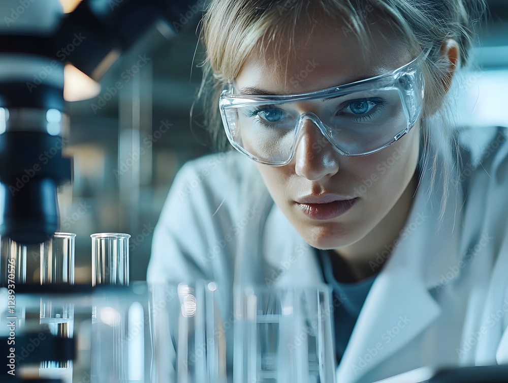 Focused Female Scientist Working in a Laboratory with Test Tubes Focused Female Scientist Working in a Laboratory with Test Tubes