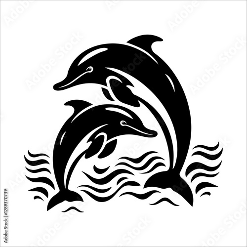 Dolphin sketch. Vector illustration of a dolphin jumping on a wave. Monochrome dolphin isolated on a white background. Logo template.	