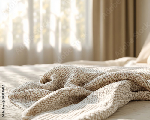 A cozy beige knitted blanket gently draped over a soft bed with sunlight streaming through sheer curtains, creating a warm and peaceful atmosphere in the bedroom. photo