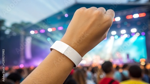 Wallpaper Mural mockup of a white blank wristband on a hand at a concert with colorful lights and blurred crowd. Ideal for event branding, ticketing, and promotional design. Torontodigital.ca