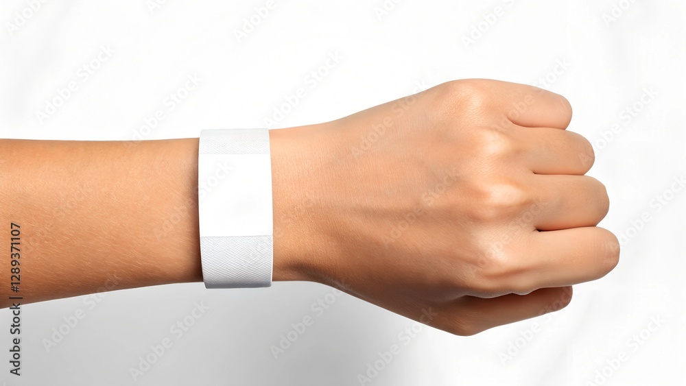 mockup of a white paper wristband on a light-skinned wrist, set against a clean white background. Ideal for branding, hospital ID, and event security.