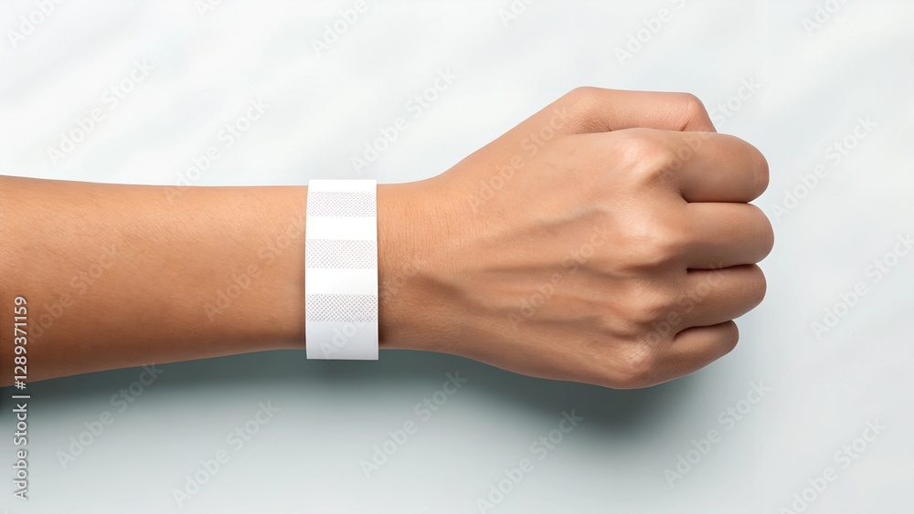 Obraz premium mockup of a white paper wristband on a light-skinned hand against a neutral background. Ideal for event access, security, branding, or customization.