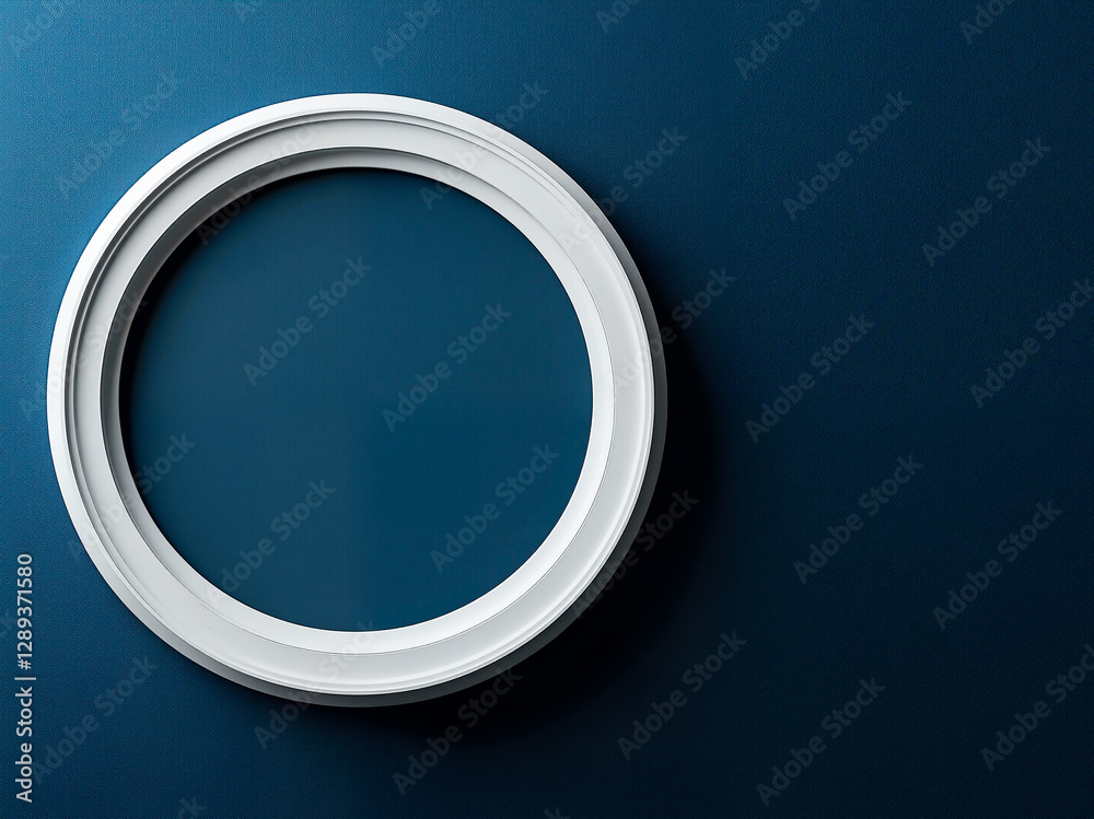 Obraz premium Decorative white Circular Picture Frame Mockup on blue background for interior design.