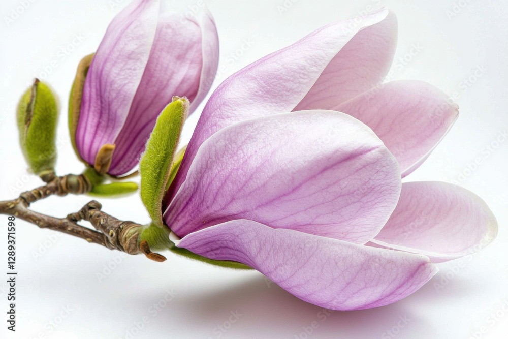 Delicate magnolia bud unfolding in soft pastel hues against a pure white background Delicate magnolia bud unfolding in soft pastel hues against a pure white background
