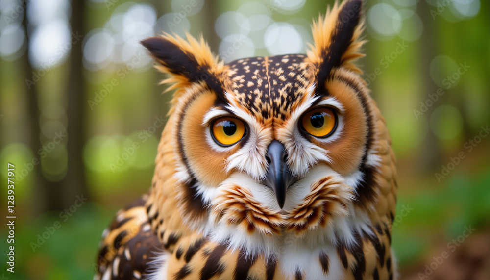 Close-up portrait of an owl with piercing amber eyes, standing in a lush green forest, symbolizing wisdom and alertness Close-up portrait of an owl with piercing amber eyes, standing in a lush green forest, symbolizing wisdom and alertness