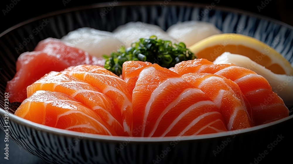 Sashimi platter, restaurant, dark background, salmon, seafood, food photography, menu, culinary