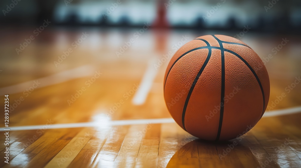Obraz premium Close-up basketball rests on hardwood court, with blurred backdrop of hoop, inside indoor arena