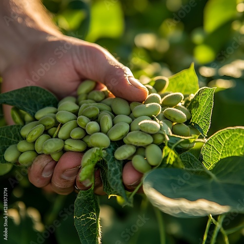 Handful Of Green Soybeans Held Up In Sunlight From The Field